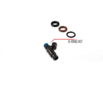 O-ring/seal service kit for injector with 14mm top o-ring and 14mm black bottom adapter.