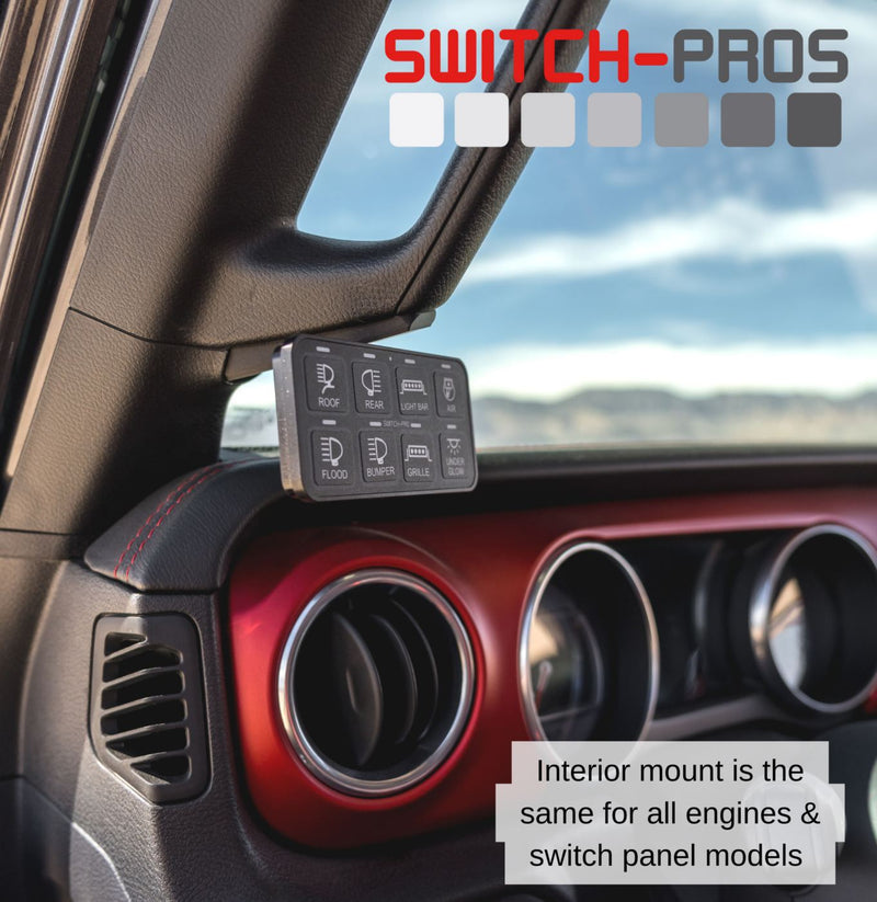 Mounting solution for RCR-Force® 12 and SP9100 power modules (for under hood) and switch panel (for mounting beneath the driver’s A-pillar grab handle) fits 2019 - 2023 Jeep JL and JT with a gas engine