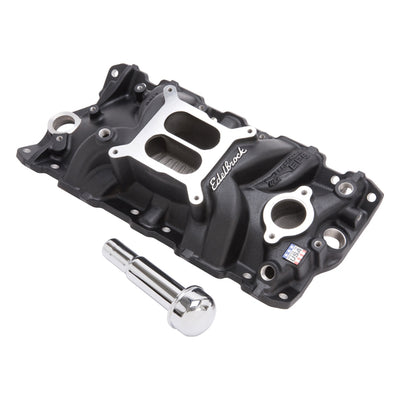 Performer EPS Manifold w/Oil Fill Tube for Small-Block Chevy, Black Finish