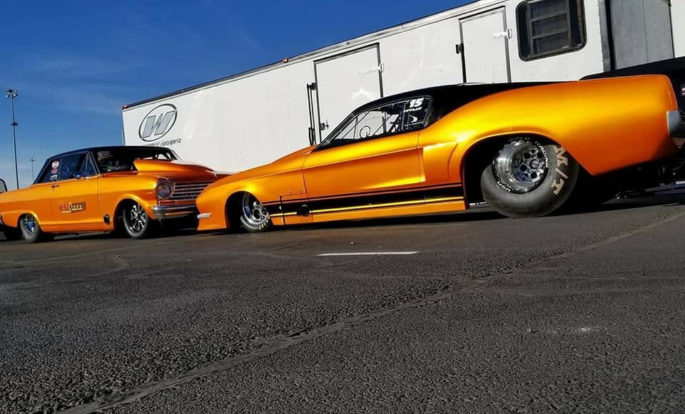 Matching orange Nova and Mustang