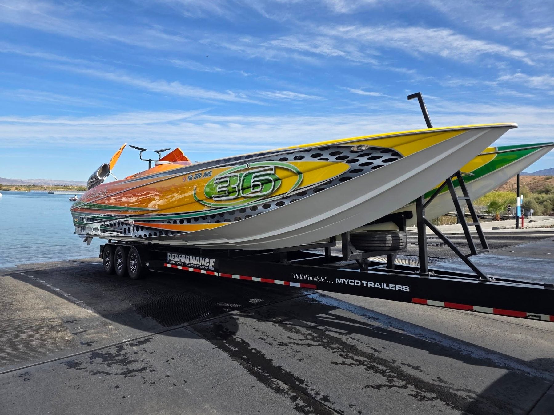 Custom offshore boat on trailer